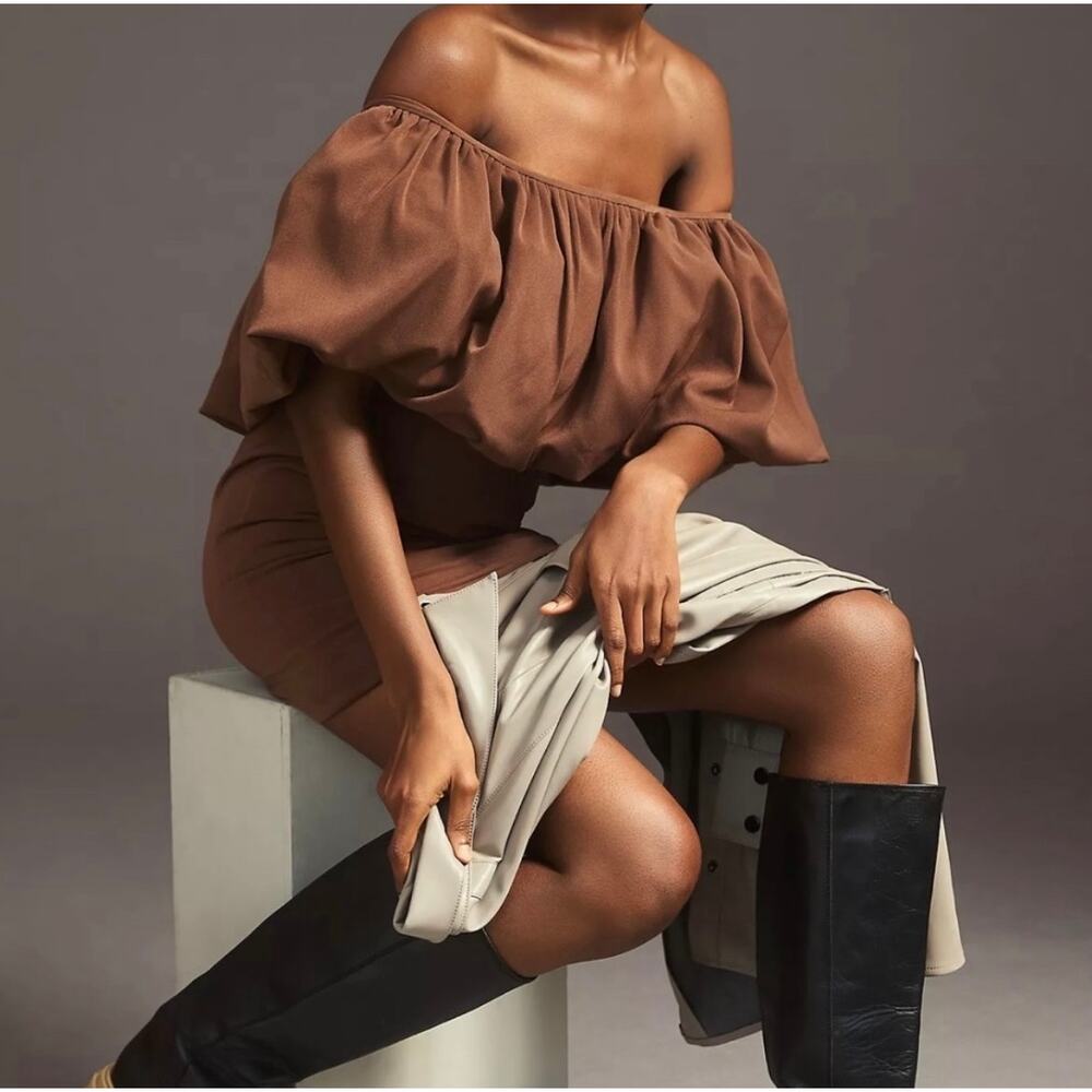 Anthropologie Nikita Mhaisalkar Off-The-Shoulder Bubble Brown Mini Dress Size L - Picture 2 of 14